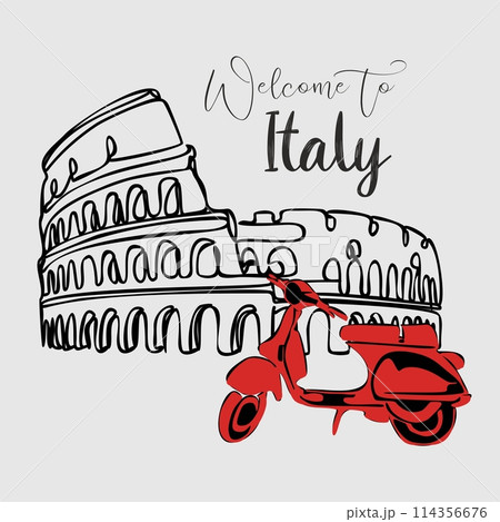 Welcome to Italy. Welcome to Rome. Colosseum and vespa is a symbol of Italy. Sight of Rome. Invitation to travel to Italy, Rome. 114356676