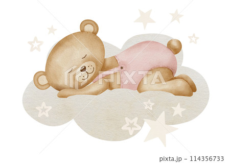 Cute little Teddy Bear sleeping on a cloud. Watercolor illustration of animal toy for Baby shower greeting cards or invitations. Childish drawing for nursery design or kids postcards in pastel colors. 114356733