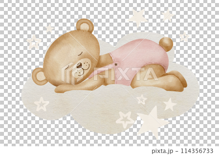 Cute little Teddy Bear sleeping on a cloud. Watercolor illustration of animal toy for Baby shower greeting cards or invitations. Childish drawing for nursery design or kids postcards in pastel colors. 114356733