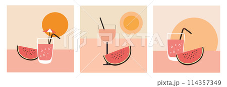 Abstract cocktail glasses with watermelon. Set of summer boho template Abstract cocktail glasses with watermelon. Set of summer boho template 114357349