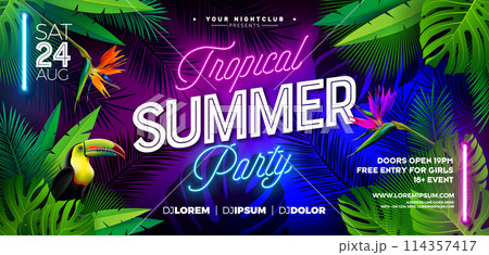 Summer Party Banner Design Template with Glowing Neon Light on Fluorescent Tropic Leaves Background. Vector Summer Celebration Holiday Illustration for Banner, Flyer, Invitation or Celebration Poster. 114357417