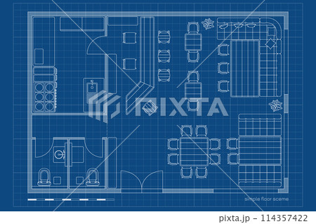 Restaurant outline floor plan. Architectural cafe drawing. Bar interior scheme. Industrial linear map. Pub technical blueprint. Modern ground floorplan Restaurant outline floor plan. Architectural cafe drawing. Bar interior scheme. Industrial linear map. Pub technical blueprint. Modern ground floorplan 114357422