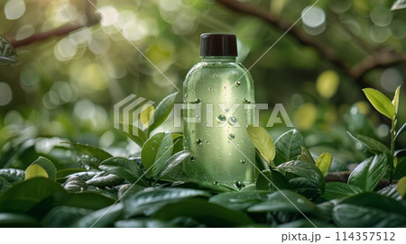 Green Liquid Bottle on Lush Field 114357512