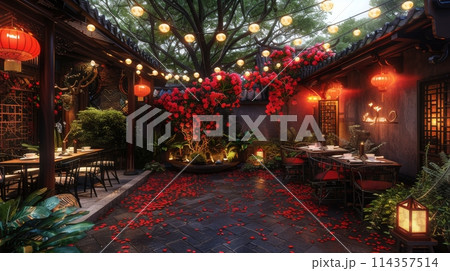 Man and Woman Standing in Front of a Restaurant 114357514