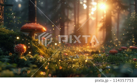 Group of Mushrooms on Lush Green Forest Group of Mushrooms on Lush Green Forest 114357753