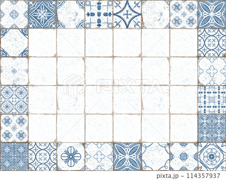 Azulejos style ceramic tiles with cracked and scuffed seams in rectangular frame side ratio 3:4. Isolated on white background watercolor illustration with empty space in the center 114357937