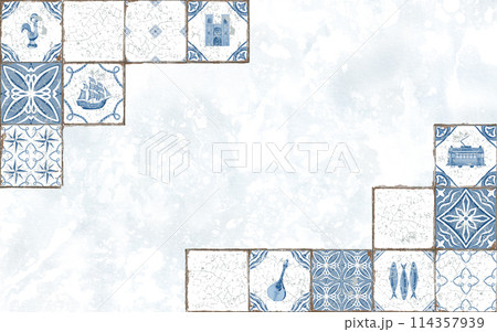 Ceramic azulejo tiles with symbols of Portugal in corner compositions on the background of a concrete wall in monochrome color blue-white as a template for postcards, websites, invitations Ceramic azulejo tiles with symbols of Portugal in corner compositions on the background of a concrete wall in monochrome color blue-white as a template for postcards, websites, invitations 114357939