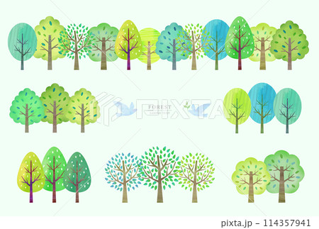 いろいろな木と鳥のイラスト素材セット（ベクター版） 114357941