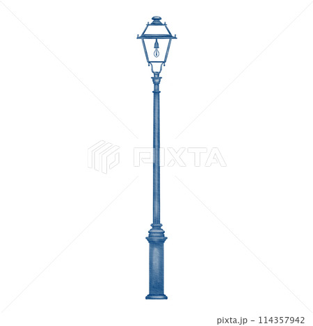 Old fashioned vintage iron city street lamp post or lantern in monochrome blue and white colors. Watercolor illustration isolated on white background. 114357942