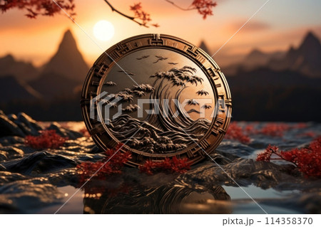 Japanese Coin With Intricate Symbols Beside Blooming Cherry Blossoms Japanese Coin With Intricate Symbols Beside Blooming Cherry Blossoms 114358370
