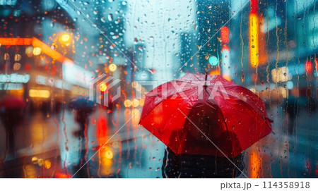 Two People Holding Umbrellas Standing in the Rain 114358918