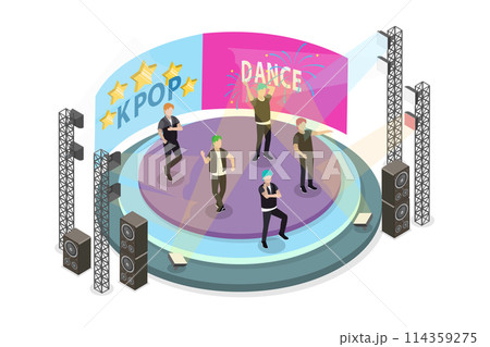 3D Isometric Flat  Conceptual Illustration of Kpop Perfomance, Dancing and Singing on Stage 114359275