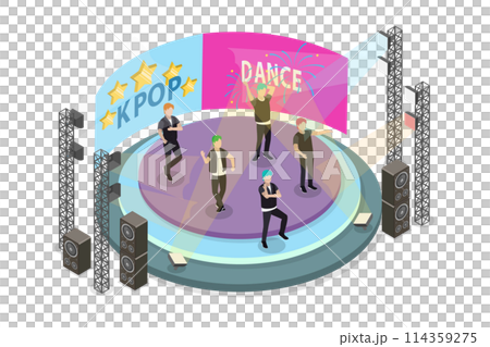 3D Isometric Flat  Conceptual Illustration of Kpop Perfomance, Dancing and Singing on Stage 114359275