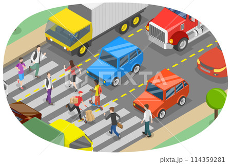 3D Isometric Flat  Conceptual Illustration of Busy City, Crosswalk with Pedestrians 114359281