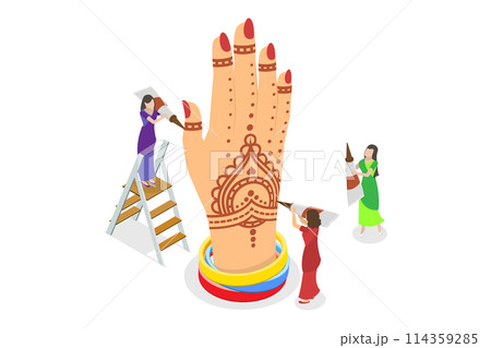 3D Isometric Flat Conceptual Illustration of Mehndi, Indian Body Art 3D Isometric Flat Conceptual Illustration of Mehndi, Indian Body Art 114359285