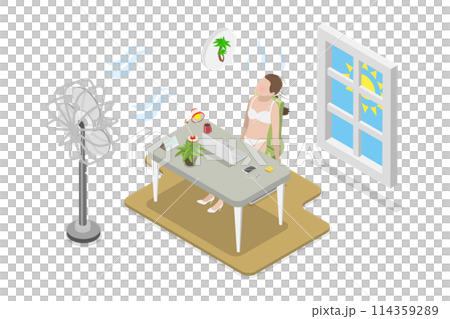3D Isometric Flat  Conceptual Illustration of Overheating, High Temperature and Hot Weather 114359289