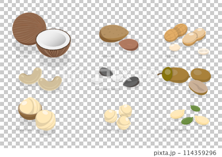3D Isometric Flat  Set of Nuts and Beans, Healthy Nutrition and Vitamins 114359296