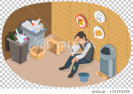 3D Isometric Flat  Conceptual Illustration of Homeless Poor Man, Poverty 114359299