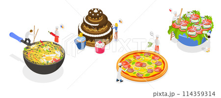 3D Isometric Flat  Conceptual Illustration of Various Dishes, Different Food Set 114359314