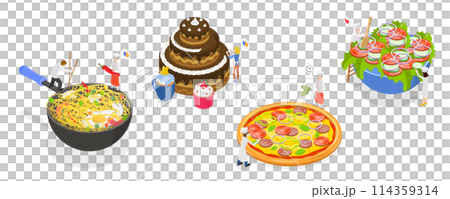 3D Isometric Flat  Conceptual Illustration of Various Dishes, Different Food Set 114359314