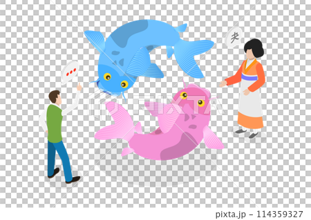 3D Isometric Flat  Conceptual Illustration of Japanese Philosophy, Koi Fish 114359327