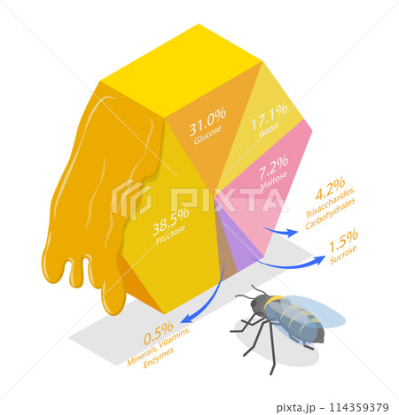 3D Isometric Flat Conceptual Illustration of Composition Of Honey, Wax, Nectar, Bee Venom 3D Isometric Flat Conceptual Illustration of Composition Of Honey, Wax, Nectar, Bee Venom 114359379