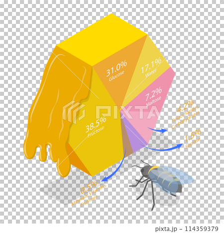 3D Isometric Flat Conceptual Illustration of Composition Of Honey, Wax, Nectar, Bee Venom 3D Isometric Flat Conceptual Illustration of Composition Of Honey, Wax, Nectar, Bee Venom 114359379