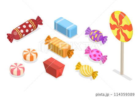 3D Isometric Flat  Set of Candies, Caramel Sweet Lollipops 114359389