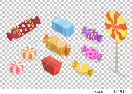 3D Isometric Flat Set of Candies, Caramel Sweet Lollipops 3D Isometric Flat Set of Candies, Caramel Sweet Lollipops 114359389