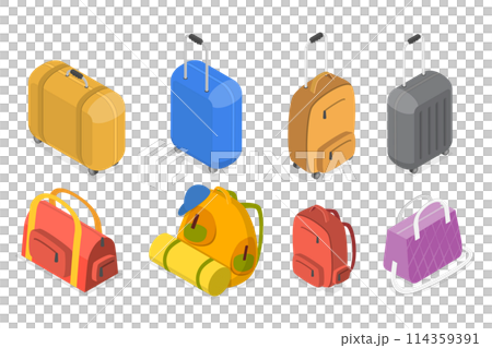 3D Isometric Flat Set of Travel Luggage Types, Journey and Adventure Baggage 3D Isometric Flat Set of Travel Luggage Types, Journey and Adventure Baggage 114359391