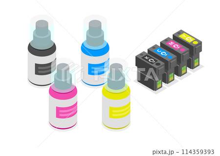3D Isometric Flat  Conceptual Illustration of Refilling CMYK Cartridge, Bottles with Ink 114359393