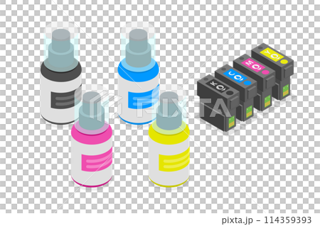 3D Isometric Flat Conceptual Illustration of Refilling CMYK Cartridge, Bottles with Ink 3D Isometric Flat Conceptual Illustration of Refilling CMYK Cartridge, Bottles with Ink 114359393