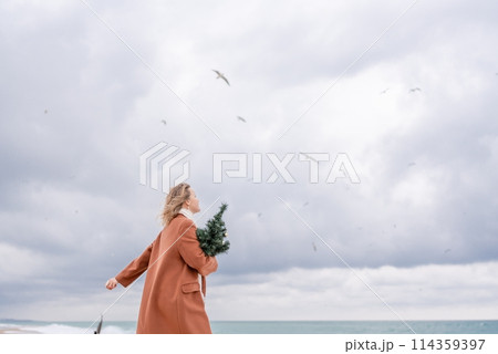 Blond woman Christmas tree sea. Christmas portrait of a happy woman walking along the beach and holding a Christmas tree on her shoulder. She is wearing a brown coat and a white suit. 114359397