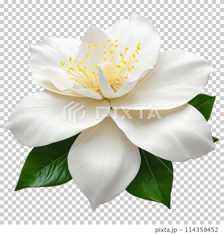 White gardenia large waxy petals creamy color central cluster of stamens Gardenia jasminoides 114359452