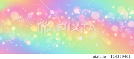 Rainbow unicorn background. Pastel sky with glitter and stars. Colored magic galaxy. Cute vector purple space with fairy sparkles and bokeh. Gradient space illustration. Rainbow unicorn background. Pastel sky with glitter and stars. Colored magic galaxy. Cute vector purple space with fairy sparkles and bokeh. Gradient space illustration. 114359461