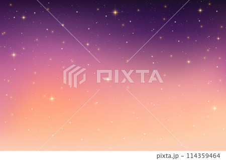 Night purple sky with stars. Dark space with light of sparkles. Aurora fantasy background. Vector galaxy wallpaper with magic sunset 114359464