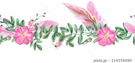 Rose hip and pink feathers horizontal watercolor seamless border pattern. Hand drawn botanical illustration. Dog rose flowers, buds, branches and berries. Can be used for fabric, textile, packaging 114359490