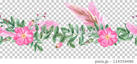 Rose hip and pink feathers horizontal watercolor seamless border pattern. Hand drawn botanical illustration. Dog rose flowers, buds, branches and berries. Can be used for fabric, textile, packaging 114359490