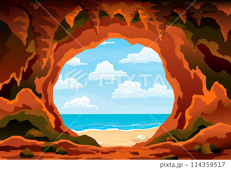 Cave landscape. Summer nature scene of cave entrance. Prehistoric dungeon, rock cavern game illustration. Vector illustration of tunnel in mountain or mine in rocks 114359517