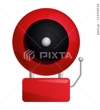 Red fire alarm system signal device isolated on white. Prevention, emergency, warning bell. Vintage signaling. Retro signalization. Firefighter equipment and tool. Vector cartoon illustration 114359530