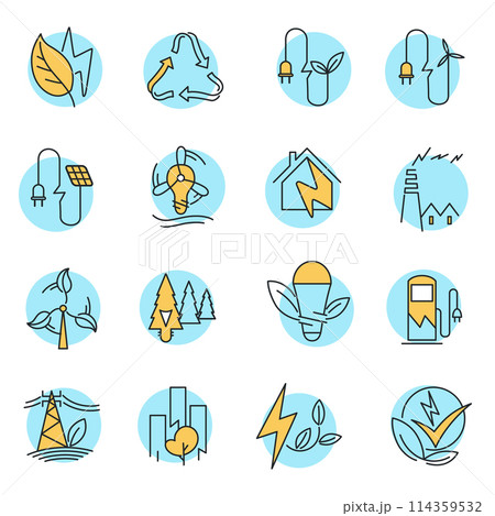 Ecology line art icon set, nature and environment. Protection, planet care, natural recycling power. Vector ecology line art illustration 114359532