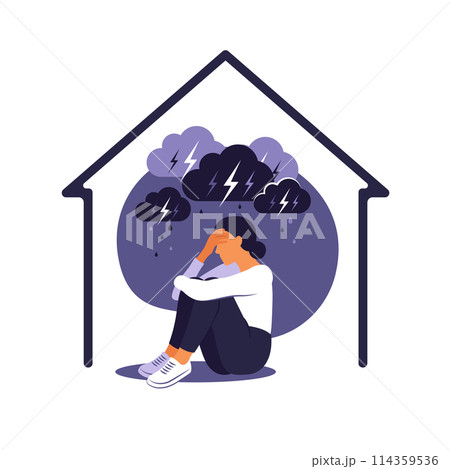 Domestic violence against women concept. Woman sits alone at home under rainy stormy cloud. Her embraces her body in pain. Flat. Domestic violence against women concept. Woman sits alone at home under rainy stormy cloud. Her embraces her body in pain. Flat. 114359536