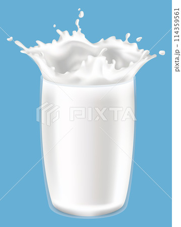 Realistic milk splash in a glass vector illustration. Milk poured into glass on a blue background 114359561
