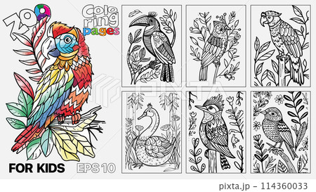 A book of children's coloring pages featuring birds. The pages are designed for kids and come in a set of six 114360033