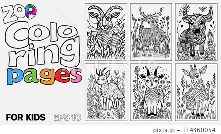 A set of six cat coloring pages for kids. The pages feature different types of animals and are designed for children to color 114360054