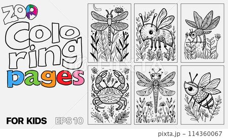 A set of six insect coloring pages for kids. The pages feature different types of insects, including bees, dragonflies, butterflies, and ladybugs. The pages are designed to be fun and engaging for 114360067