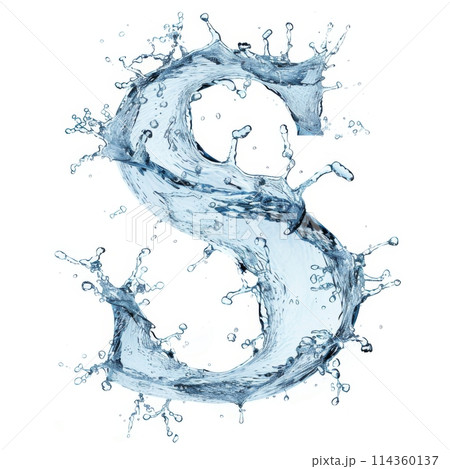 Latin letter S, texture of water, ice and splashes on white background. 114360137
