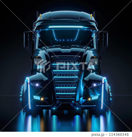 futuristic glowing neon truck on glossy reflective surface 114360348