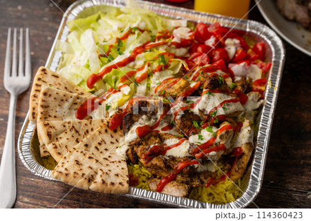 famous ameican halal food, chicken over rice 114360423
