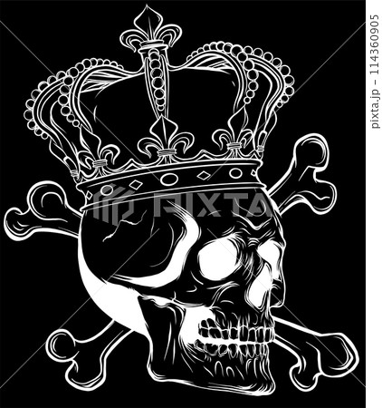 white silhouette of skull with crown and crossed bones in cartoon vintage style isolated on black background. vector illustration design white silhouette of skull with crown and crossed bones in cartoon vintage style isolated on black background. vector illustration design 114360905